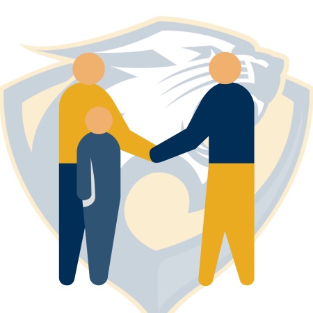 figures of two adults shaking hands with a child in front of a wildcat logo.